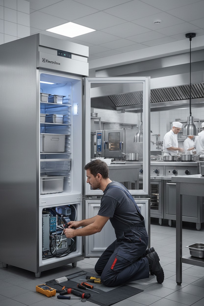 tecnico che ripara una cucina professionale, un frigo electrolux