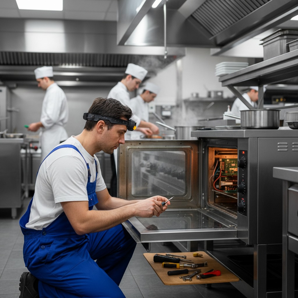 tecnico che ripara una cucina professionale, un forno